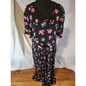 Vtge Sunshine Starshine Sze 18 Black Floral Rayon Dress Cottagecore